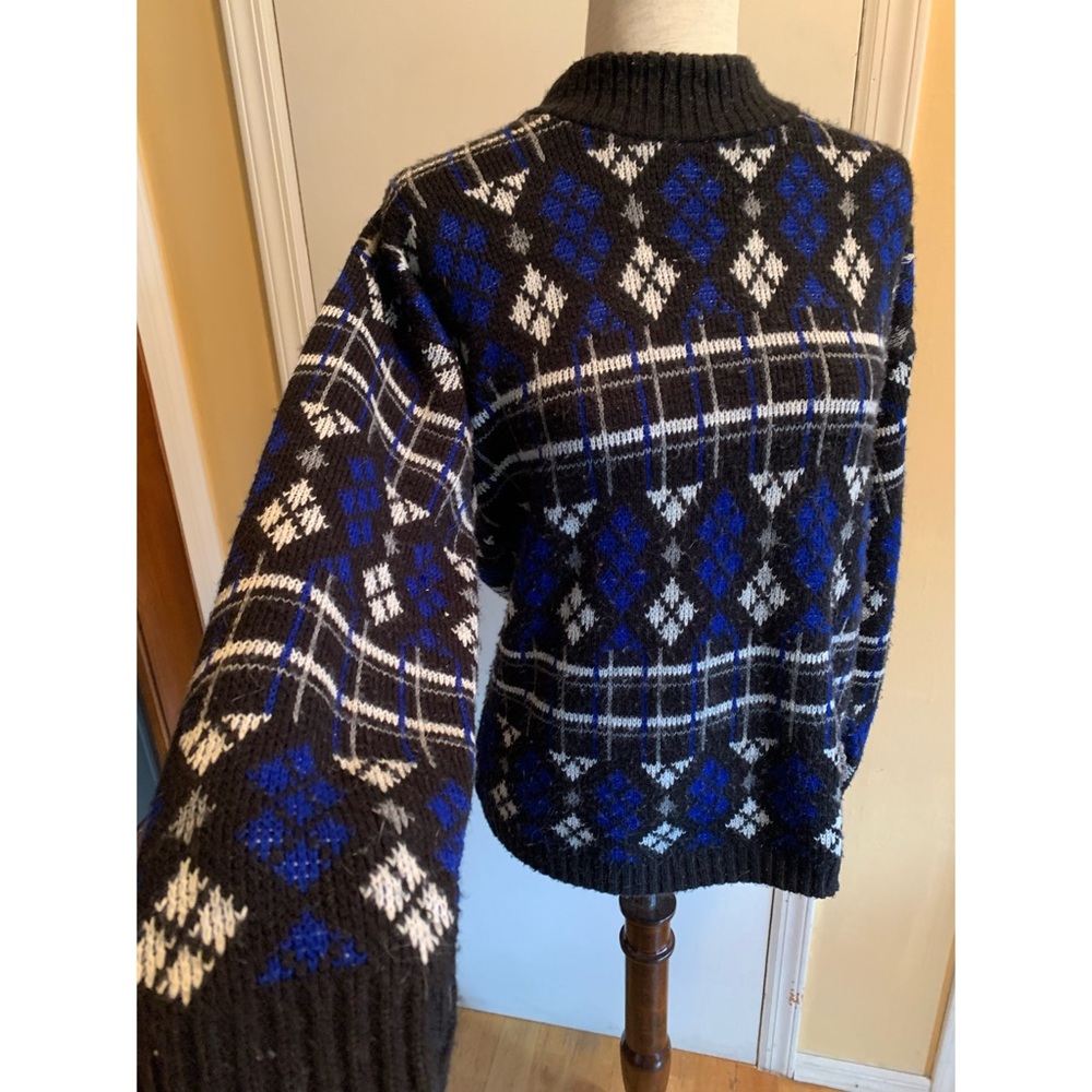 Vintage Blue, White, and Black Acrylic Argyle Sweater
